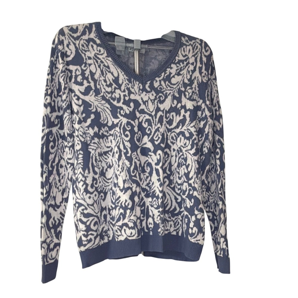 Kim Rogers Blue White Damask Scroll V-Neck Cotton Knit Sweater Womens XL